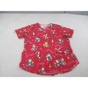 Cherokee Scrub Nurse Shirt Womens Medium Red Christmas Bears Work Wear Uniform
